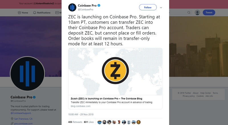 Криптовалюта ZCash на Coinbase